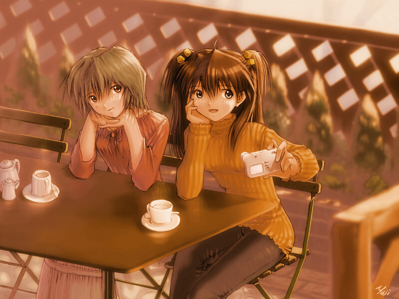 Two Girls at a Cafe Table — Brown