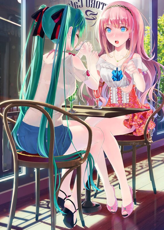 Two Girls at a Cafe Table — Pink