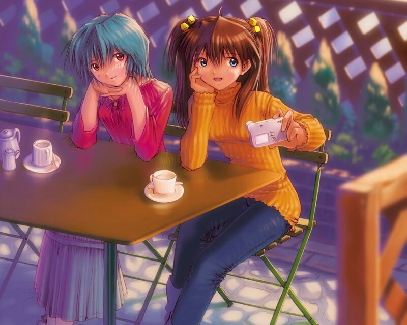 Two Girls at a Cafe Table — Purple