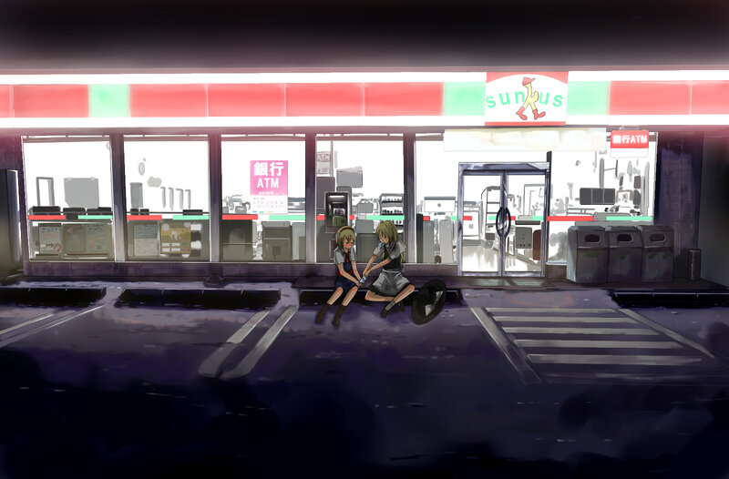 Two girls at a convenience store