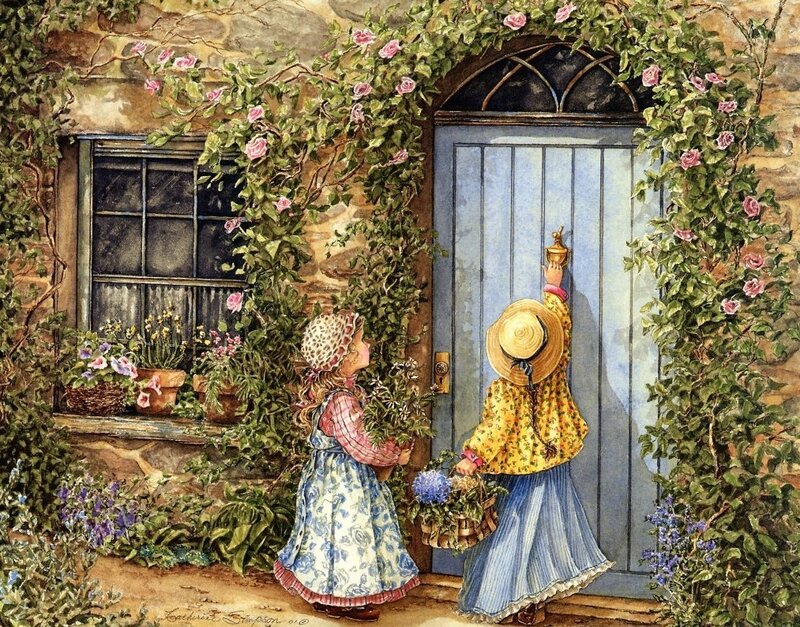 Two Girls at a Cottage Door — Blue, Peaceful