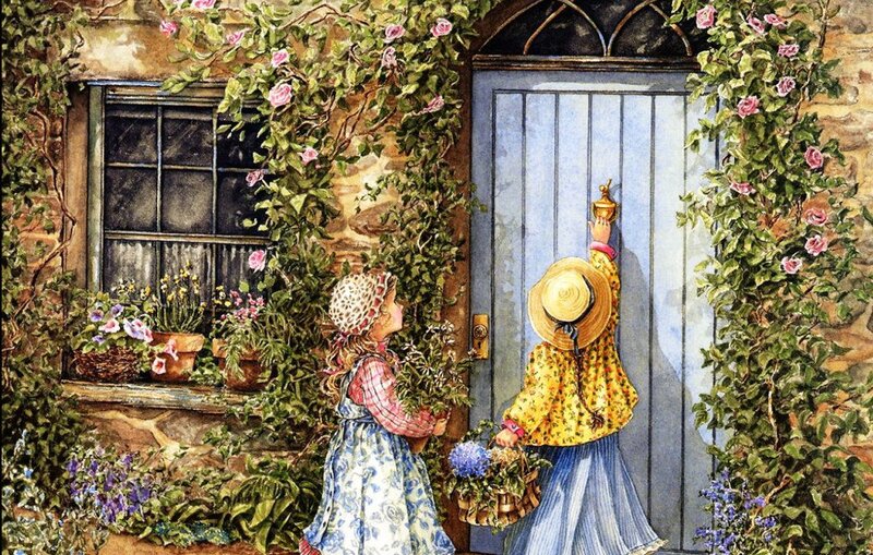 Two Girls at a Cottage Door — Blue