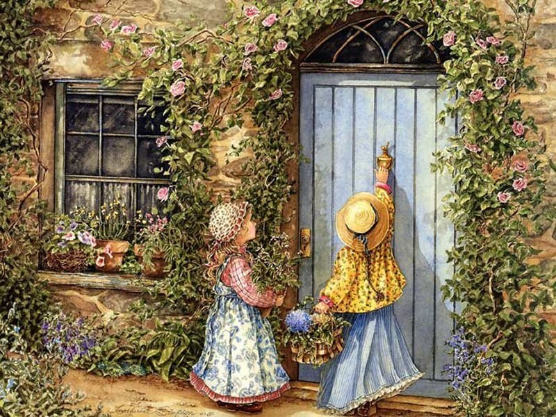 Two Girls at a Cottage Door
