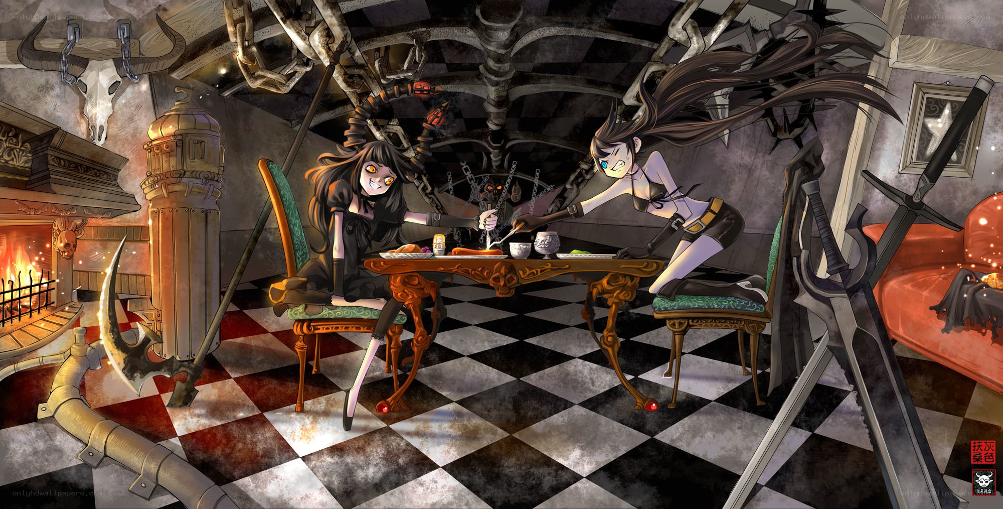 Two girls at a dark dining table