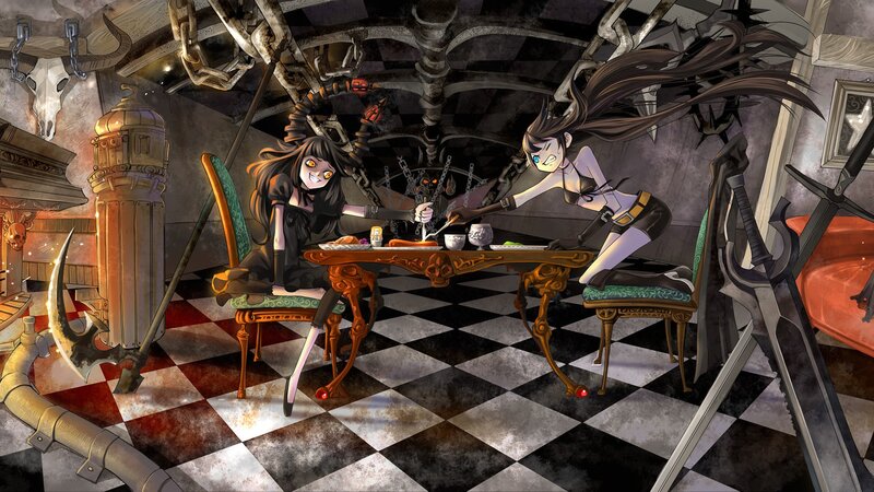Two girls at a dark table
