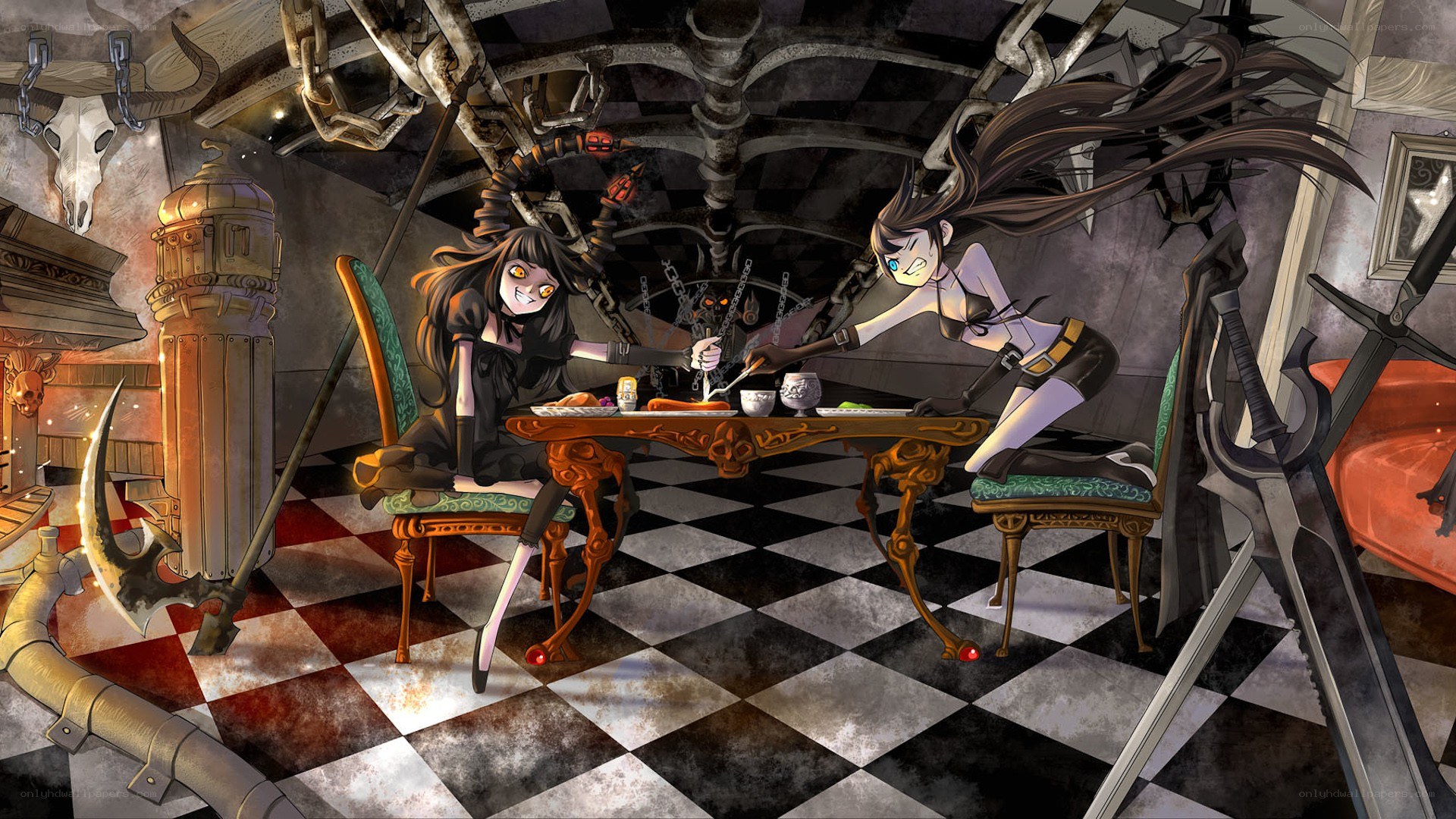 Two girls at a dark table