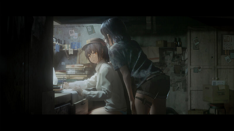 Two Girls at a Desk — Gray, Dark