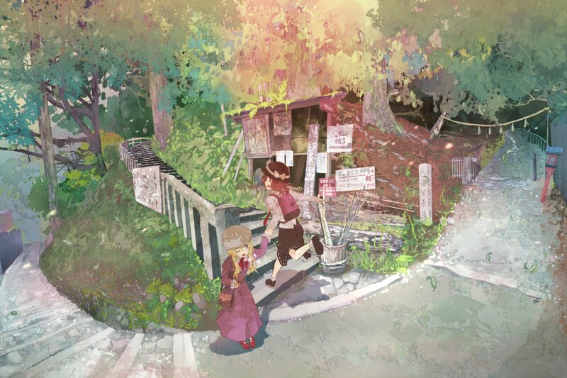 Two girls at a forest shrine