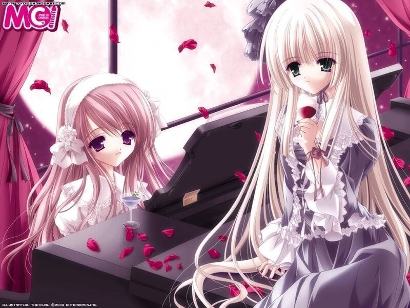 Two girls at a piano with rose petals