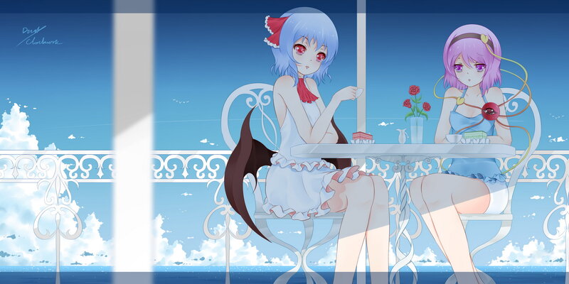 Two Girls at a Table — Blue, Serene, Afternoon