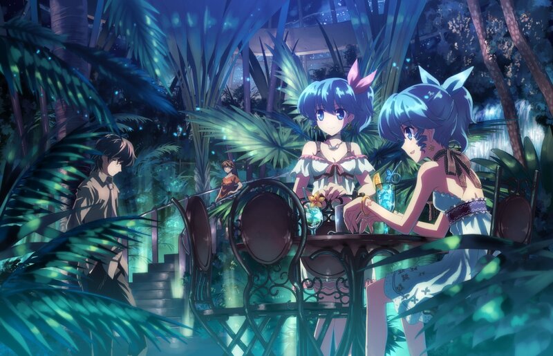 Two Girls at a Table — Blue, Serene, Night, Anime