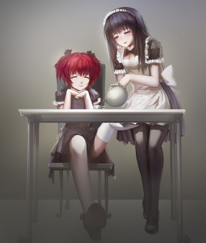 Two Girls at a Table — Gray, Calm
