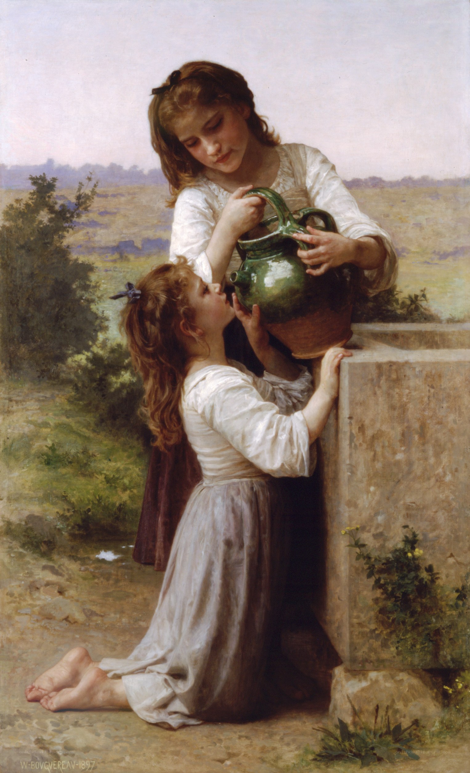 Two girls at a well
