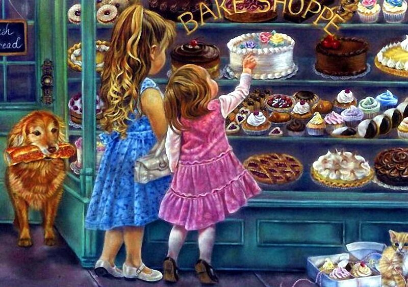 Two Girls at Bakery — Blue