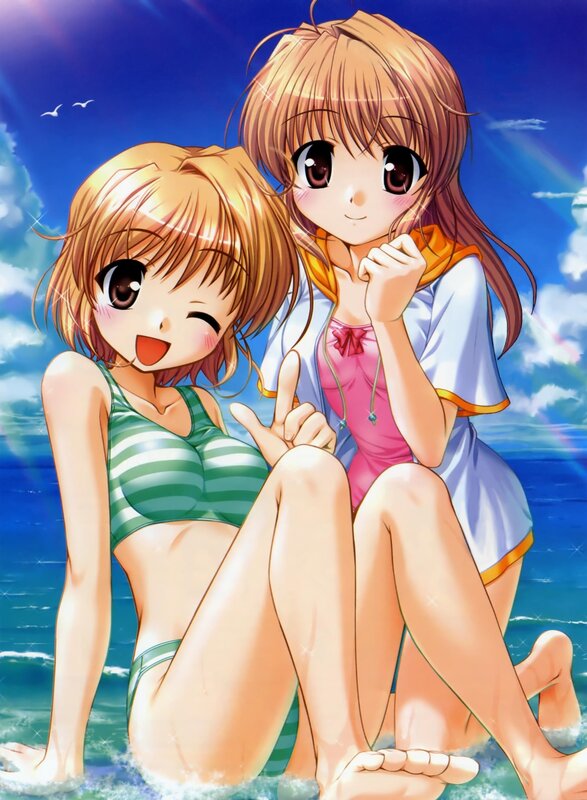 Two Girls at Beach — Blue, Cheerful, Afternoon, Anime, Ocean