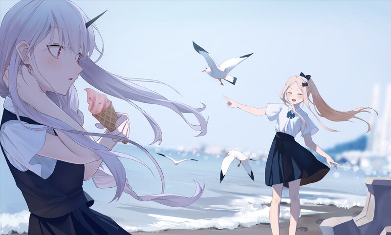 Two Girls at Beach — Blue, Serene