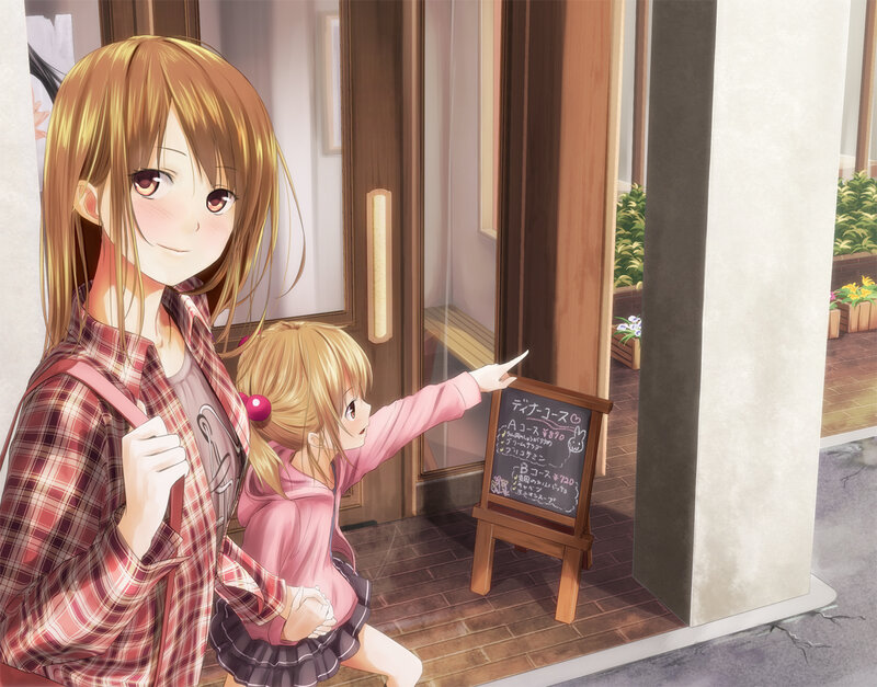 Two Girls at Cafe Entrance