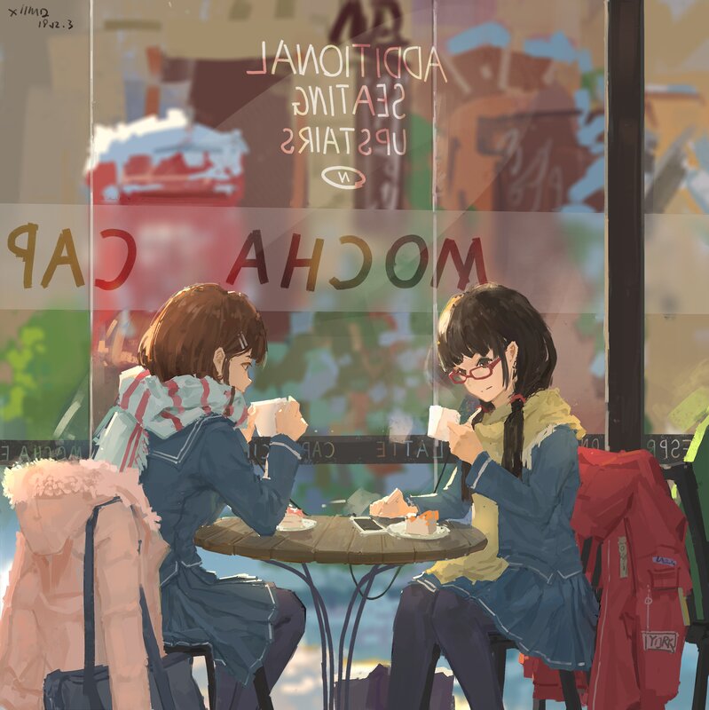 Two Girls at Cafe Table — Blue
