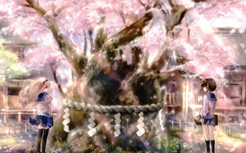 Two Girls at Cherry Blossom Tree