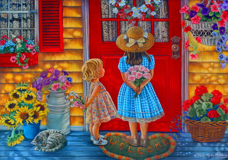 Two Girls at Front Door