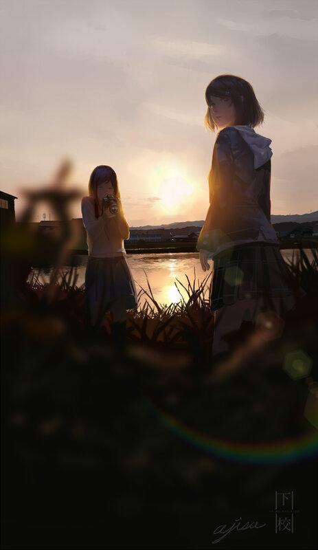 Two Girls at Sunset — Orange, Serene