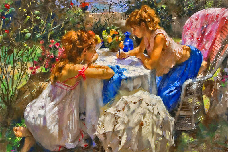 Two Girls at Table — Blue