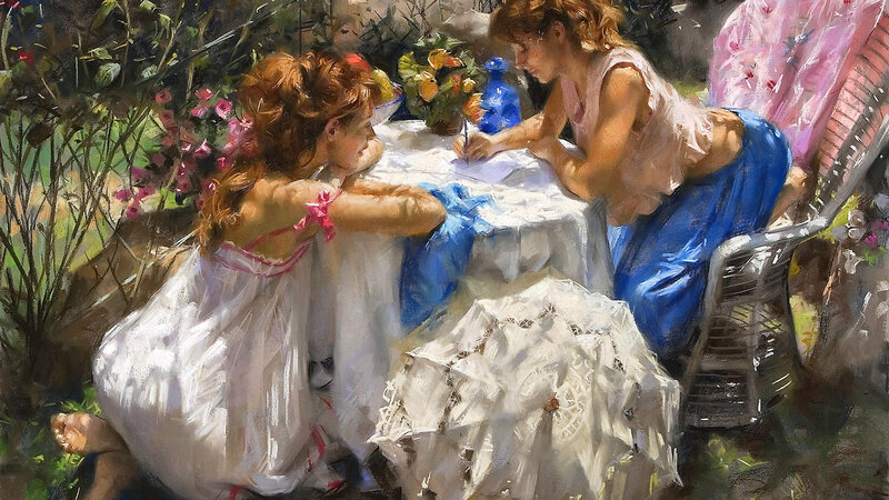 Two Girls at Table — White, Serene
