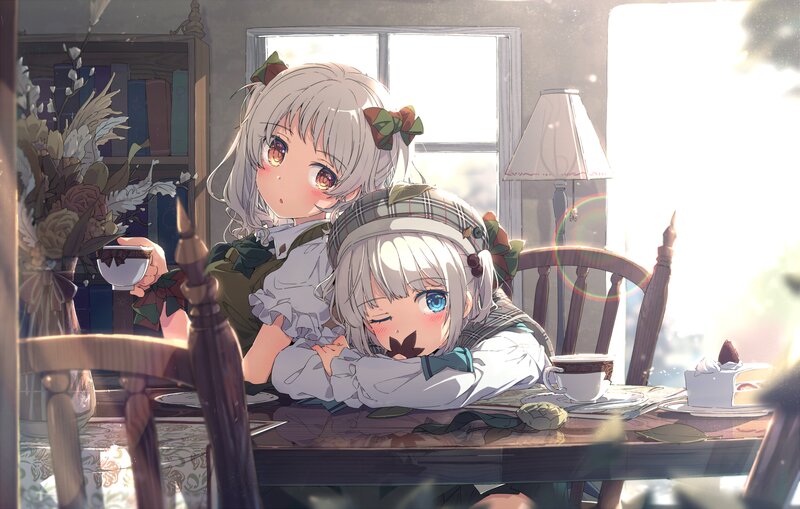 Two Girls at Table — White