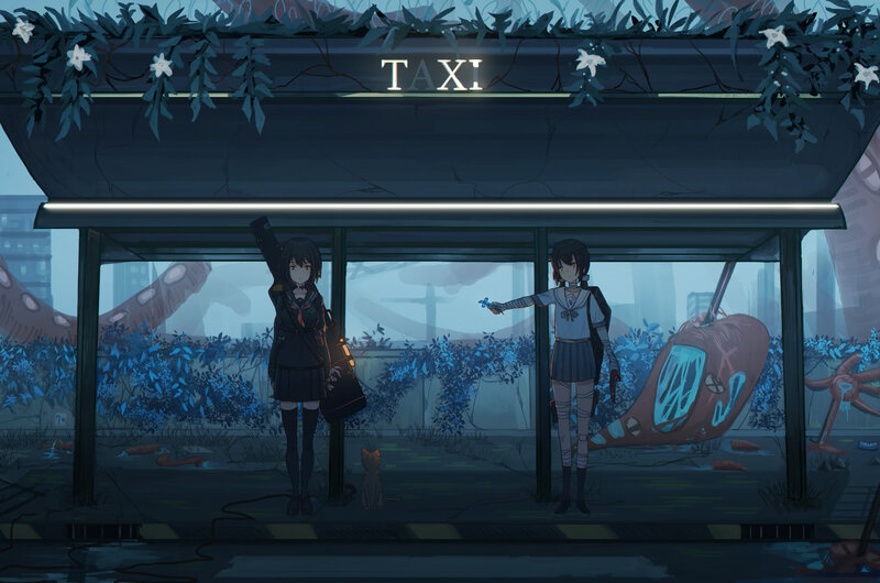 Two Girls at Taxi Stop