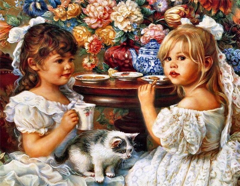 Two Girls at Tea Party — White