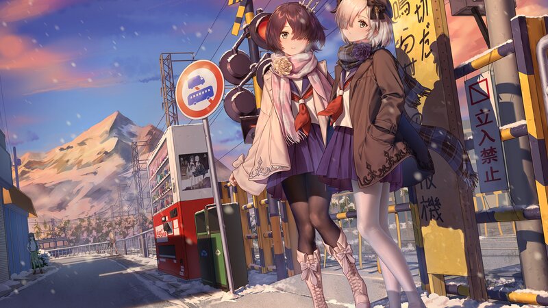 Two Girls at Train Crossing — Purple