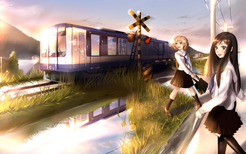 Two Girls at Train Crossing