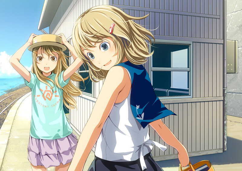 Two Girls at Train Station — Blue, Bright, Cheerful