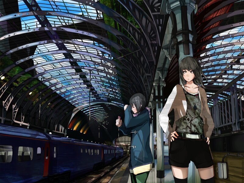 Two Girls at Train Station — Blue, Calm