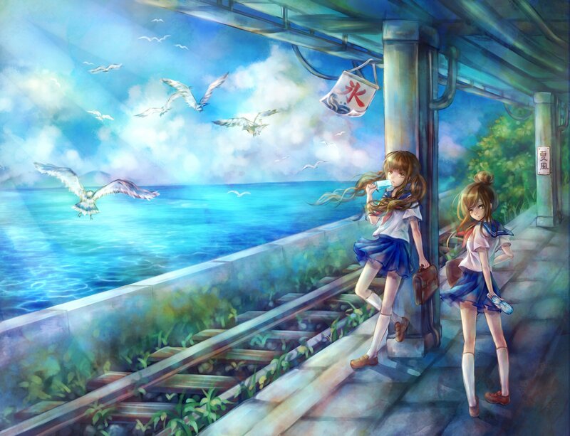 Two Girls at Train Station — Blue, Serene