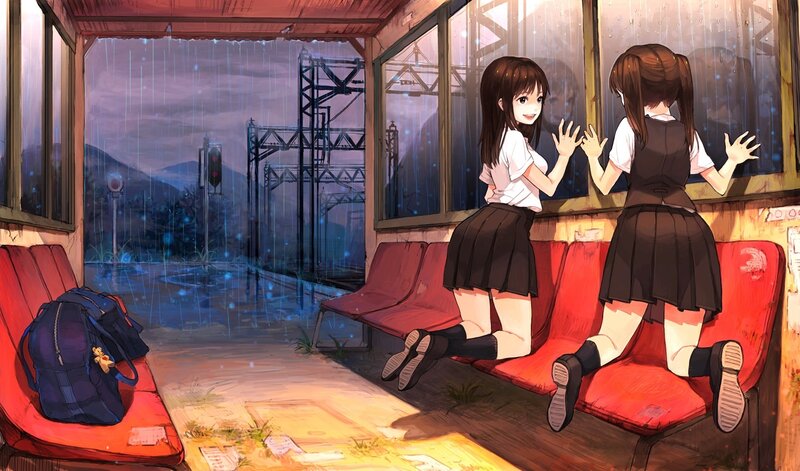 Two Girls at Train Station — Red