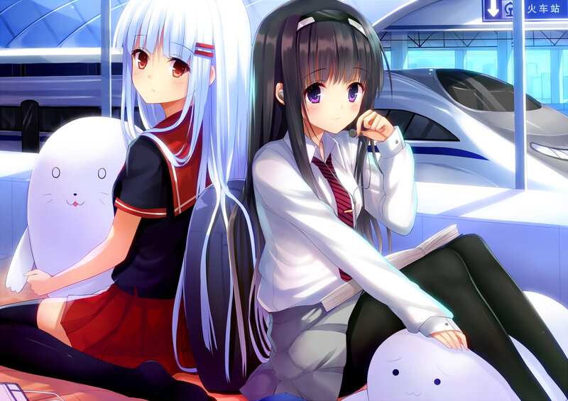 Two Girls at Train Station — White, Calm