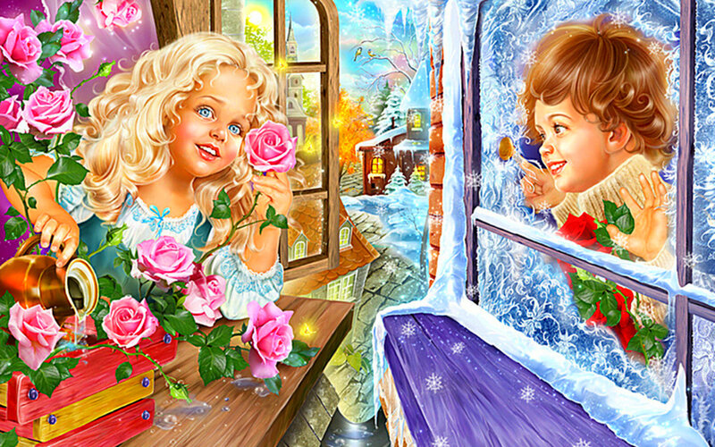 Two Girls at Windows — Pink