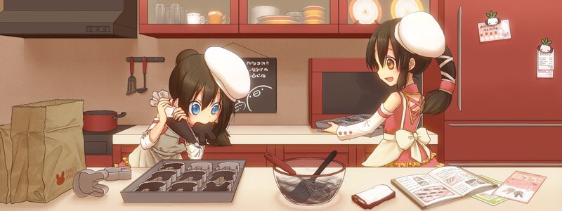 Two girls baking in a kitchen