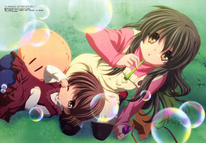 Two Girls Blowing Bubbles — Green, Playful, Afternoon, Anime, Grass, Doll