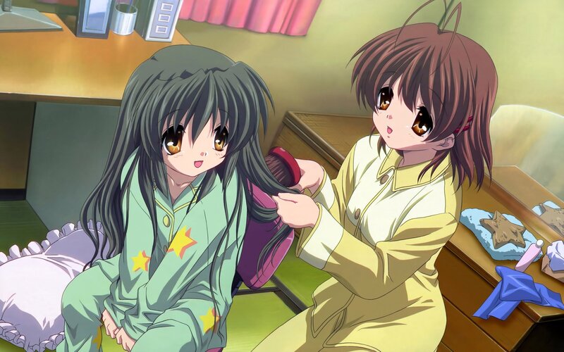 Two Girls Brushing Hair — Green