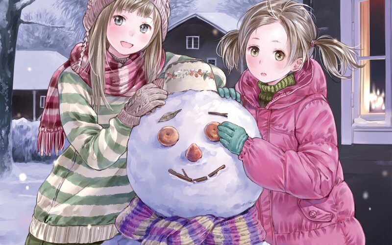 Two Girls Building Snowman — White, Peaceful