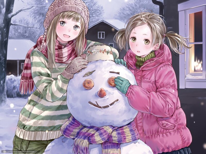 Two Girls Building Snowman — White, Peaceful, Winter