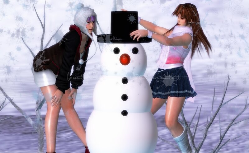 Two Girls Building Snowman — White, Playful