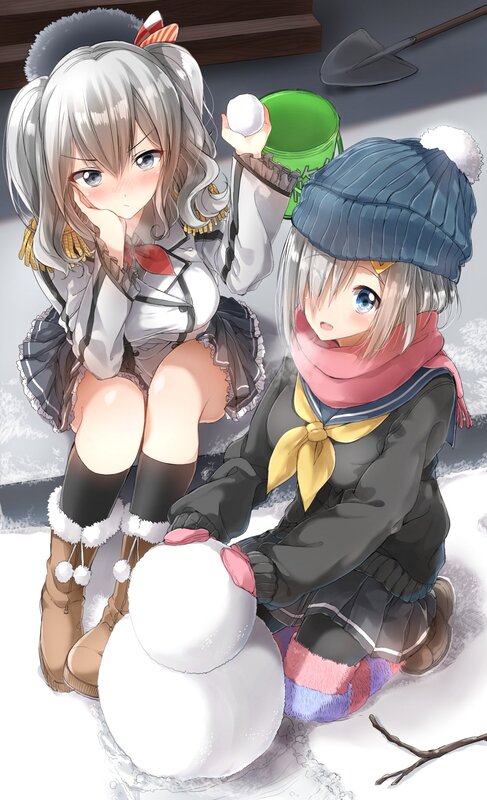 Two Girls Building Snowman — White, Playful, Winter