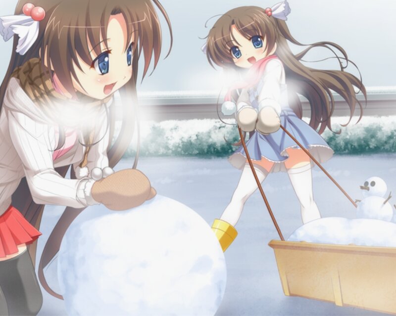 Two Girls Building Snowman — White