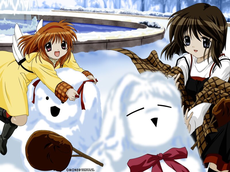 Two Girls Building Snowmen — White, Playful