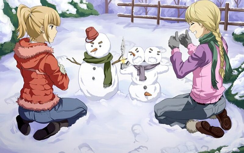 Two Girls Building Snowmen — White