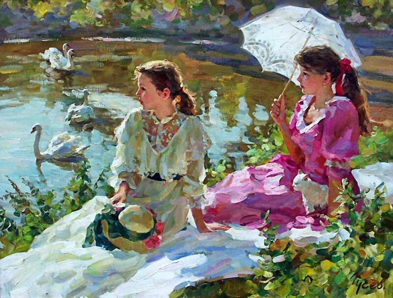 Two Girls by a Pond — Pink