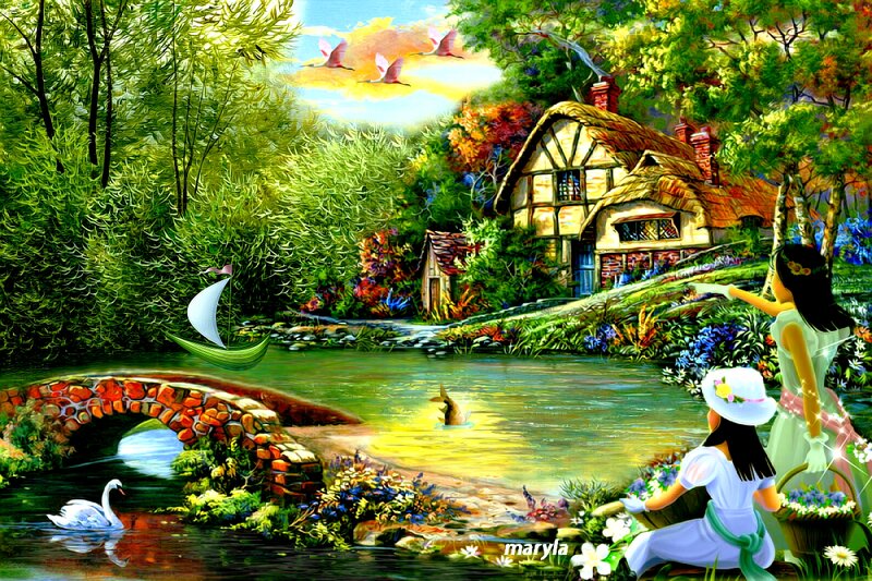 Two Girls by a Pond